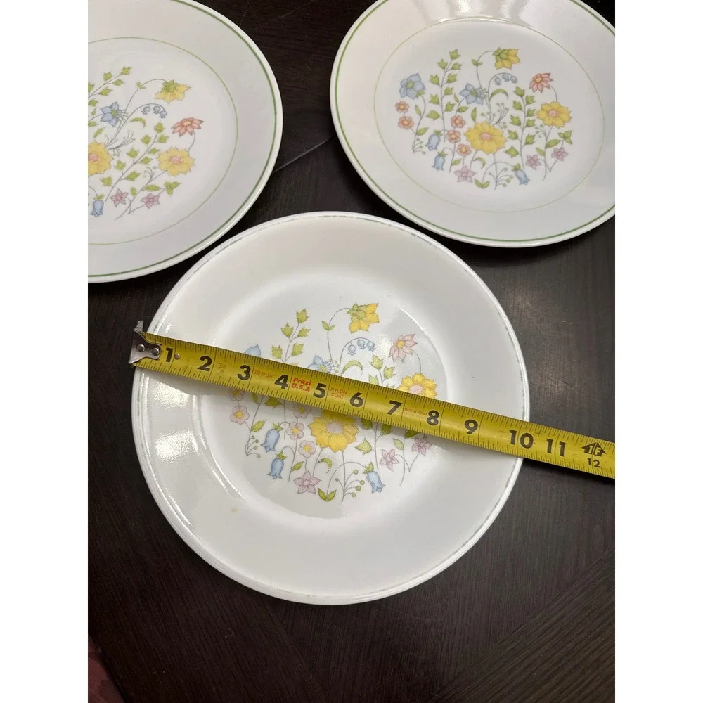 Corelle Meadow Dinner Plates Set of 3 Floral Wildflower Green Rim Vitrelle Glass